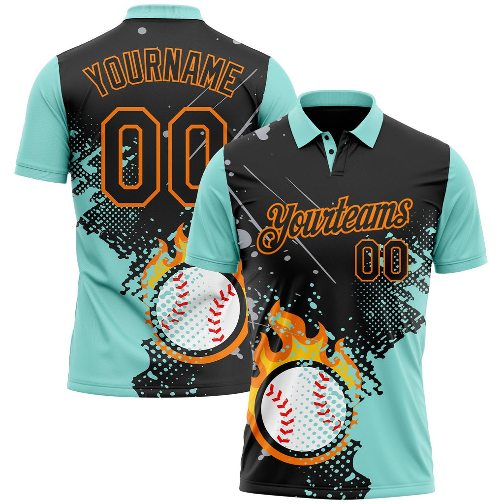 Custom Black Ice Blue-Bay Orange Flame Baseball Ball Splatter 3D Pattern Performance Polo Shirt photo 1