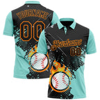 Custom Black Ice Blue-Bay Orange Flame Baseball Ball Splatter 3D Pattern Performance Polo Shirt photo 1