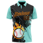 Custom Black Ice Blue-Bay Orange Flame Baseball Ball Splatter 3D Pattern Performance Polo Shirt photo 2