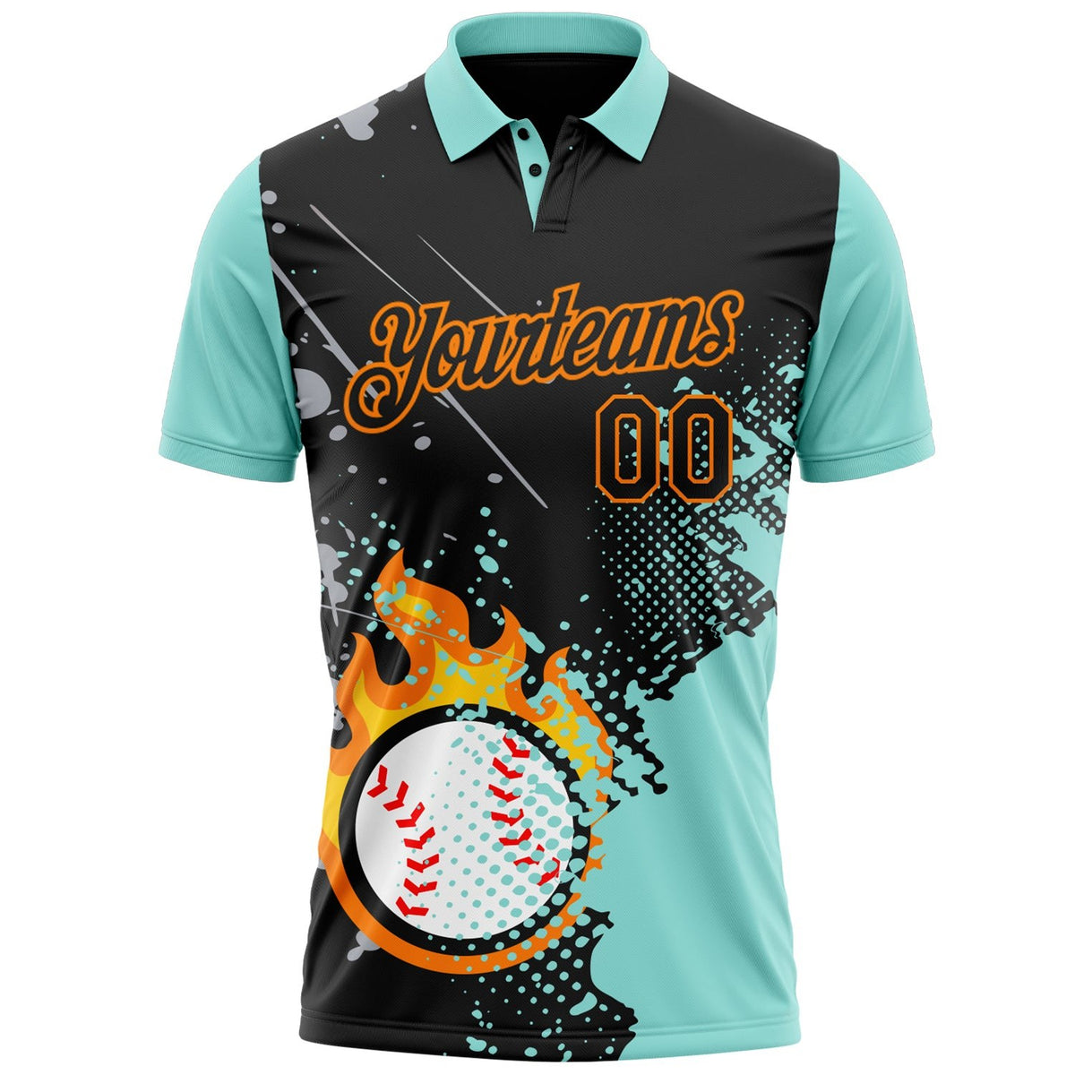 Custom Black Ice Blue-Bay Orange Flame Baseball Ball Splatter 3D Pattern Performance Polo Shirt photo 2