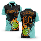 Custom Black Ice Blue-Bay Orange Flame Tennis Ball Splatter 3D Pattern Performance Polo Shirt