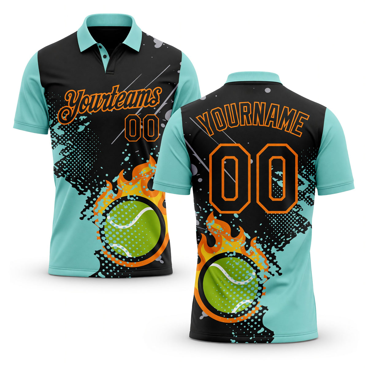 Custom Black Ice Blue-Bay Orange Flame Tennis Ball Splatter 3D Pattern Performance Polo Shirt