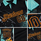 Custom Black Ice Blue-Bay Orange Flame Tennis Ball Splatter 3D Pattern Performance Polo Shirt detail