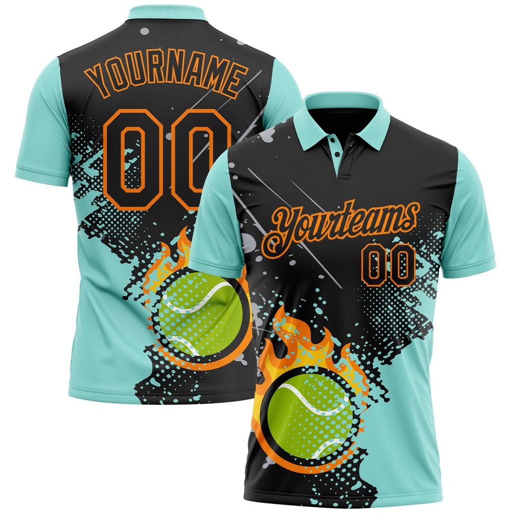 Custom Black Ice Blue-Bay Orange Flame Tennis Ball Splatter 3D Pattern Performance Polo Shirt photo 1