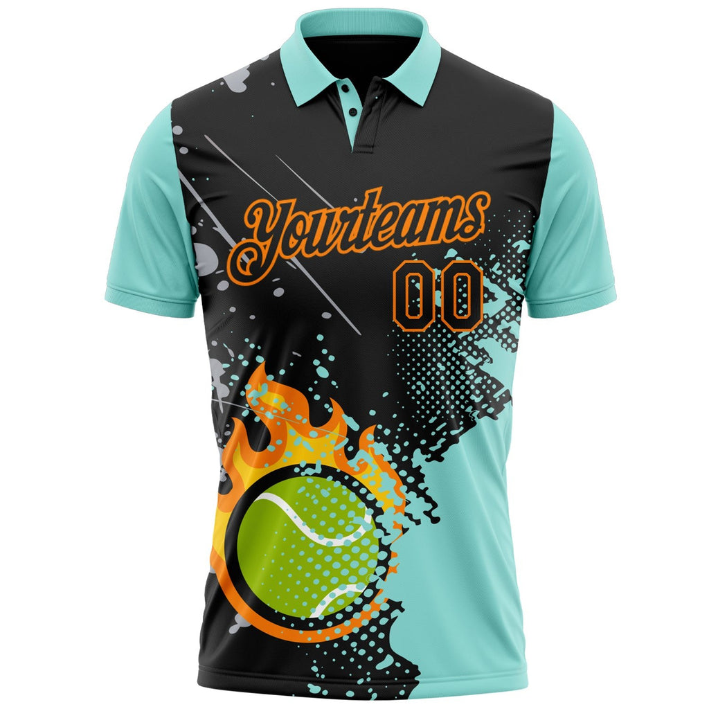 Custom Black Ice Blue-Bay Orange Flame Tennis Ball Splatter 3D Pattern Performance Polo Shirt photo 2