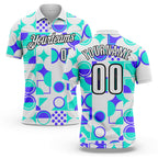 Custom White Green Blue-Black Geometric Circle & Square Performance Polo Shirt