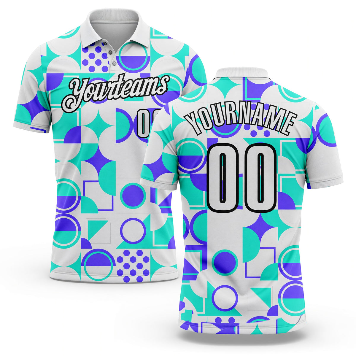 Custom White Green Blue-Black Geometric Circle & Square Performance Polo Shirt
