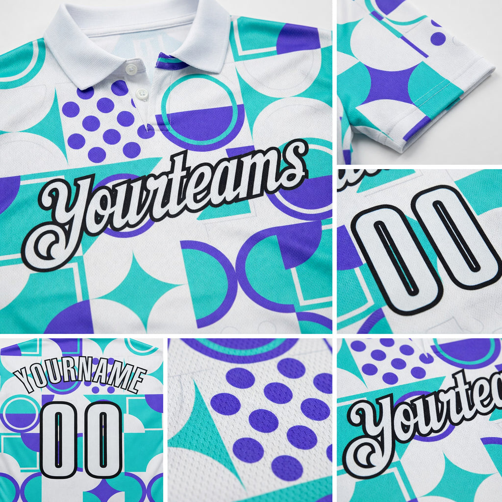 Custom White Green Blue-Black Geometric Circle & Square Performance Polo Shirt detail