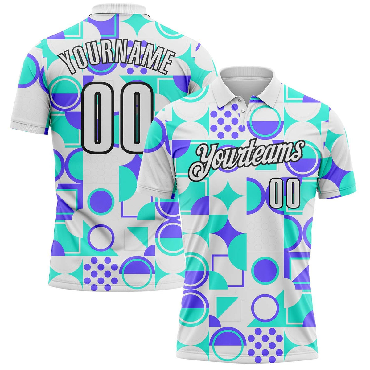 Custom White Green Blue-Black Geometric Circle & Square Performance Polo Shirt photo 1