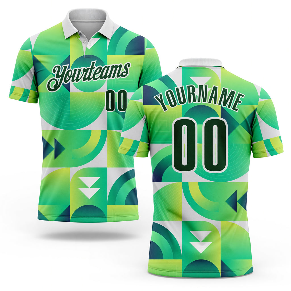 Custom Green-White Geometric Circle & Square Performance Polo Shirt