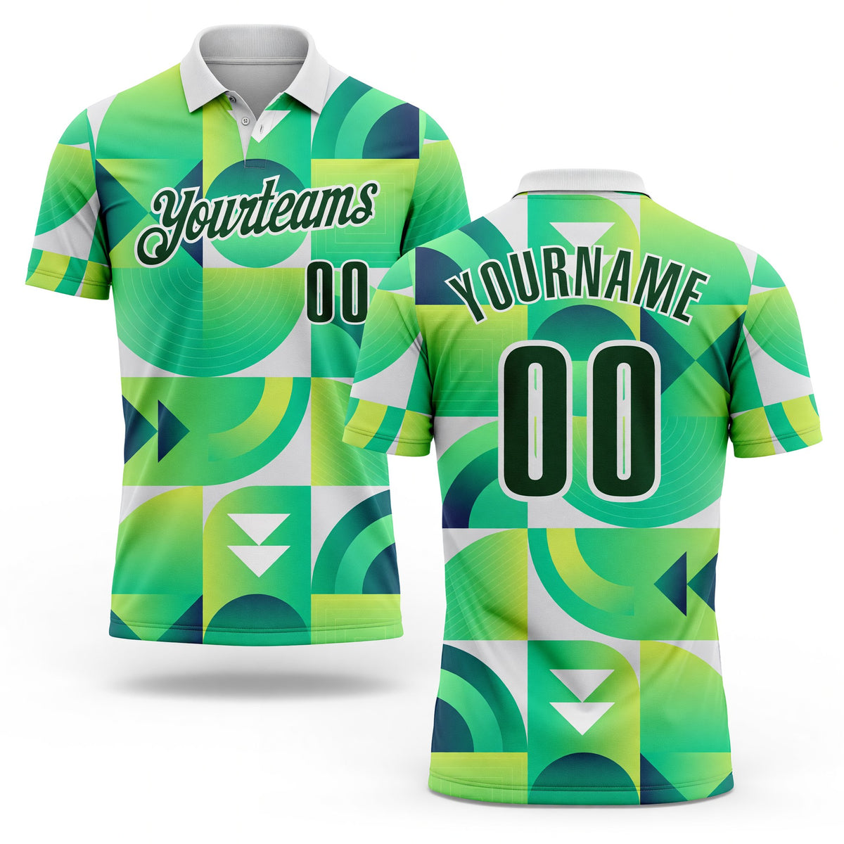 Custom Green-White Geometric Circle & Square Performance Polo Shirt