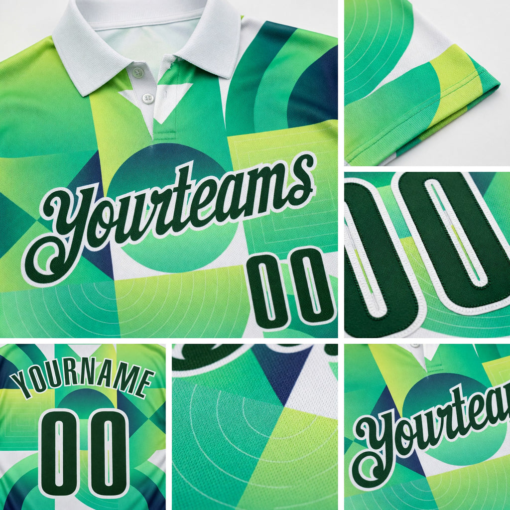 Custom Green-White Geometric Circle & Square Performance Polo Shirt detail
