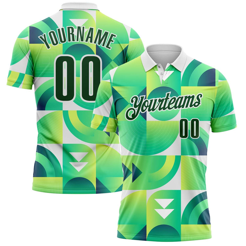 Custom Green-White Geometric Circle & Square Performance Polo Shirt photo 1