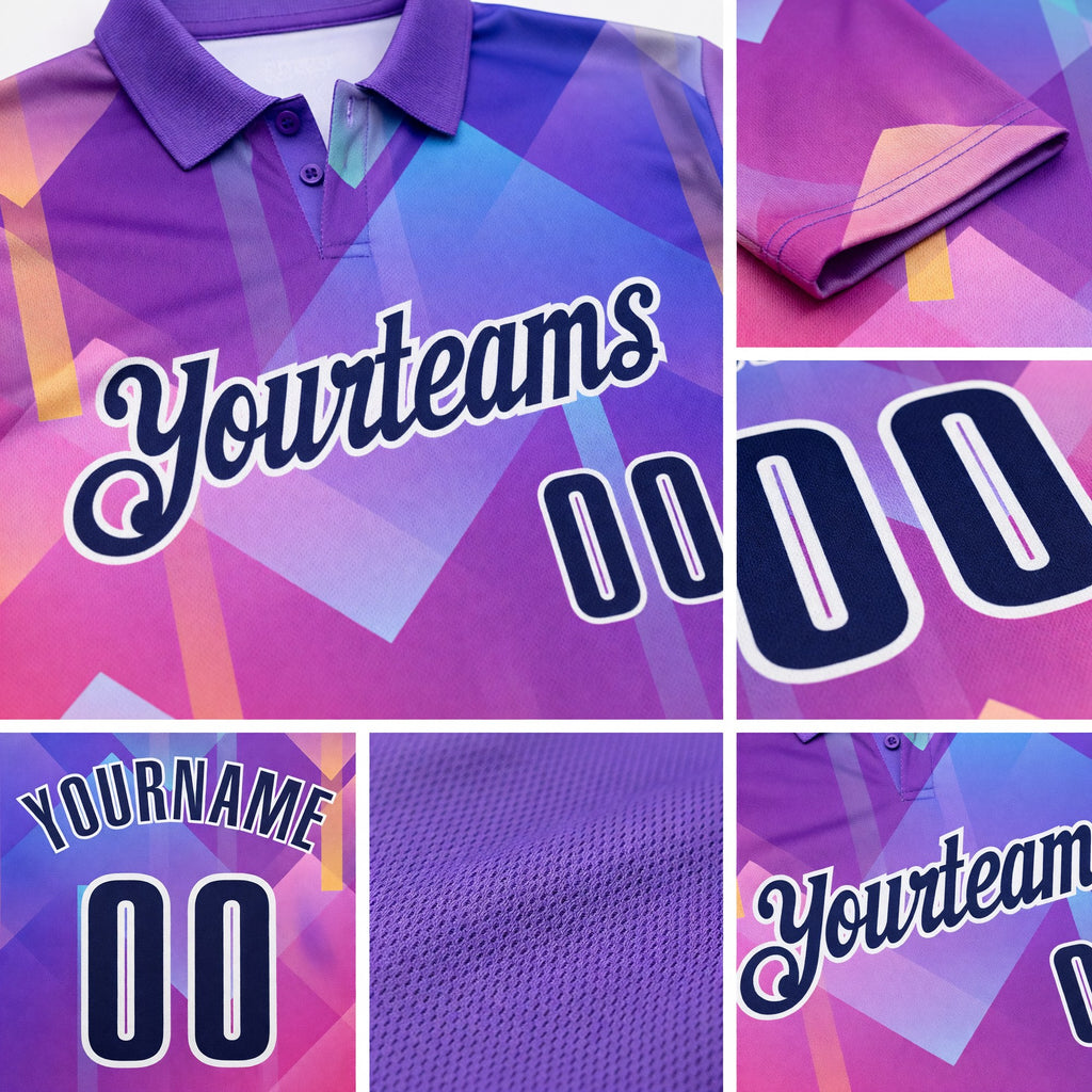 Custom Purple Navy Pink-White Gradient Geometric Performance Polo Shirt detail