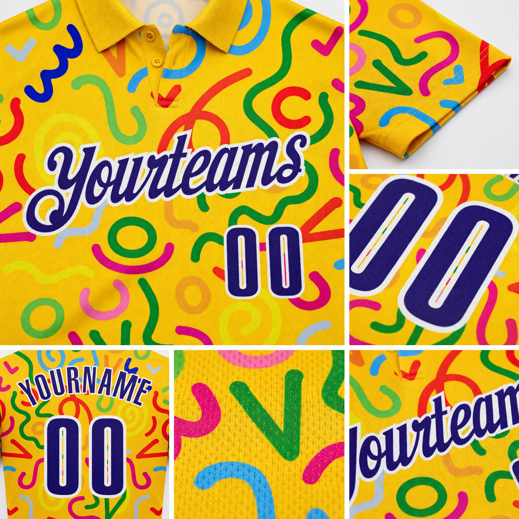 Custom Yellow Dark Purple-White Abstract Graffiti Geometric Lines Performance Polo Shirt detail