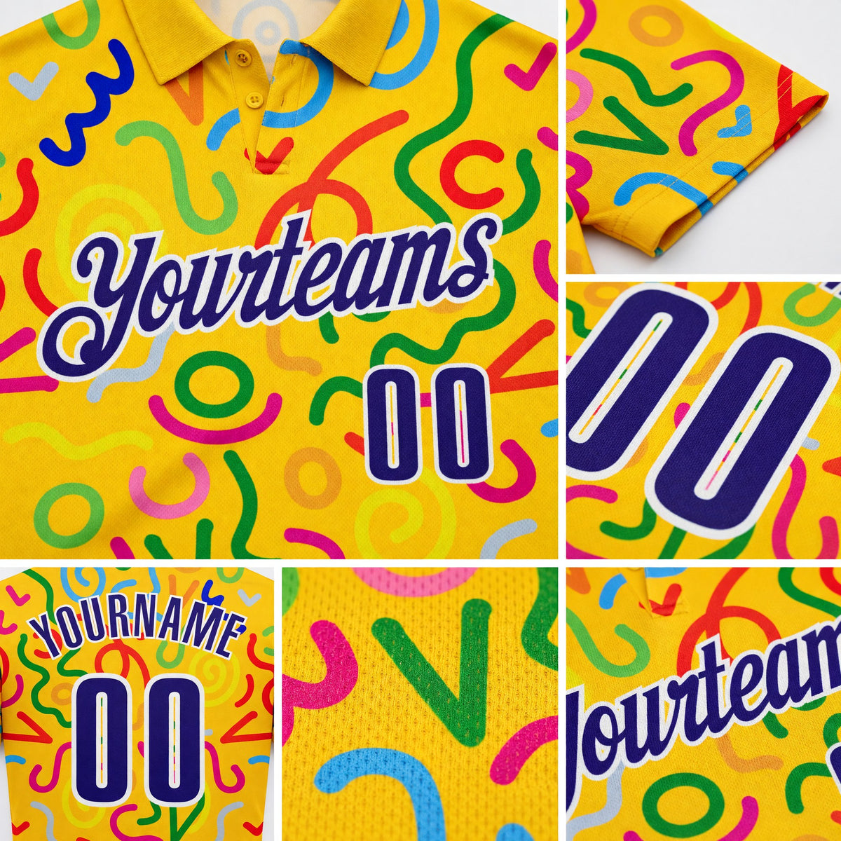 Custom Yellow Dark Purple-White Abstract Graffiti Geometric Lines Performance Polo Shirt detail