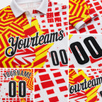 Custom White Black Red-Yellow Geometric Grid & Stripe Performance Polo Shirt detail