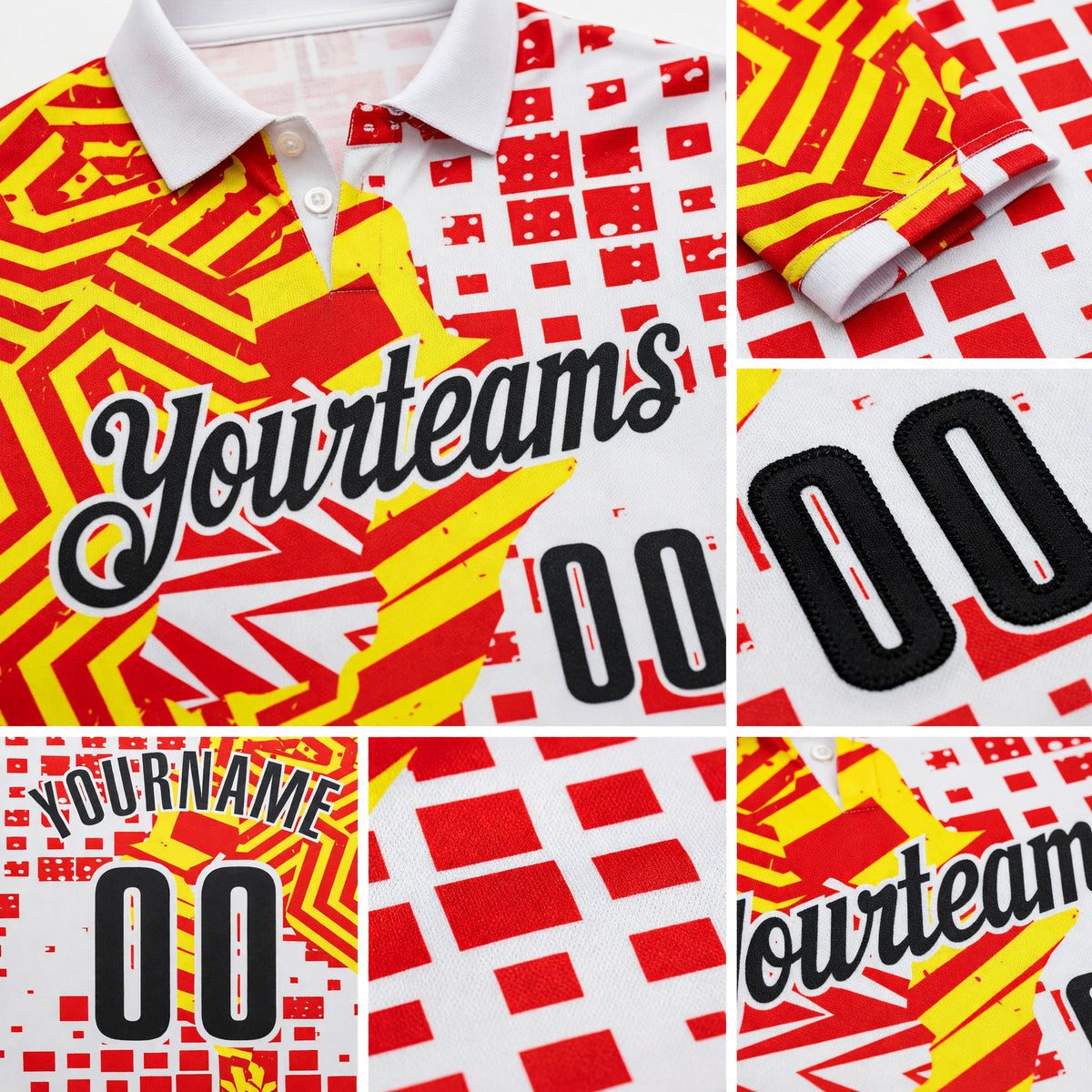 Custom White Black Red-Yellow Geometric Grid & Stripe Performance Polo Shirt detail