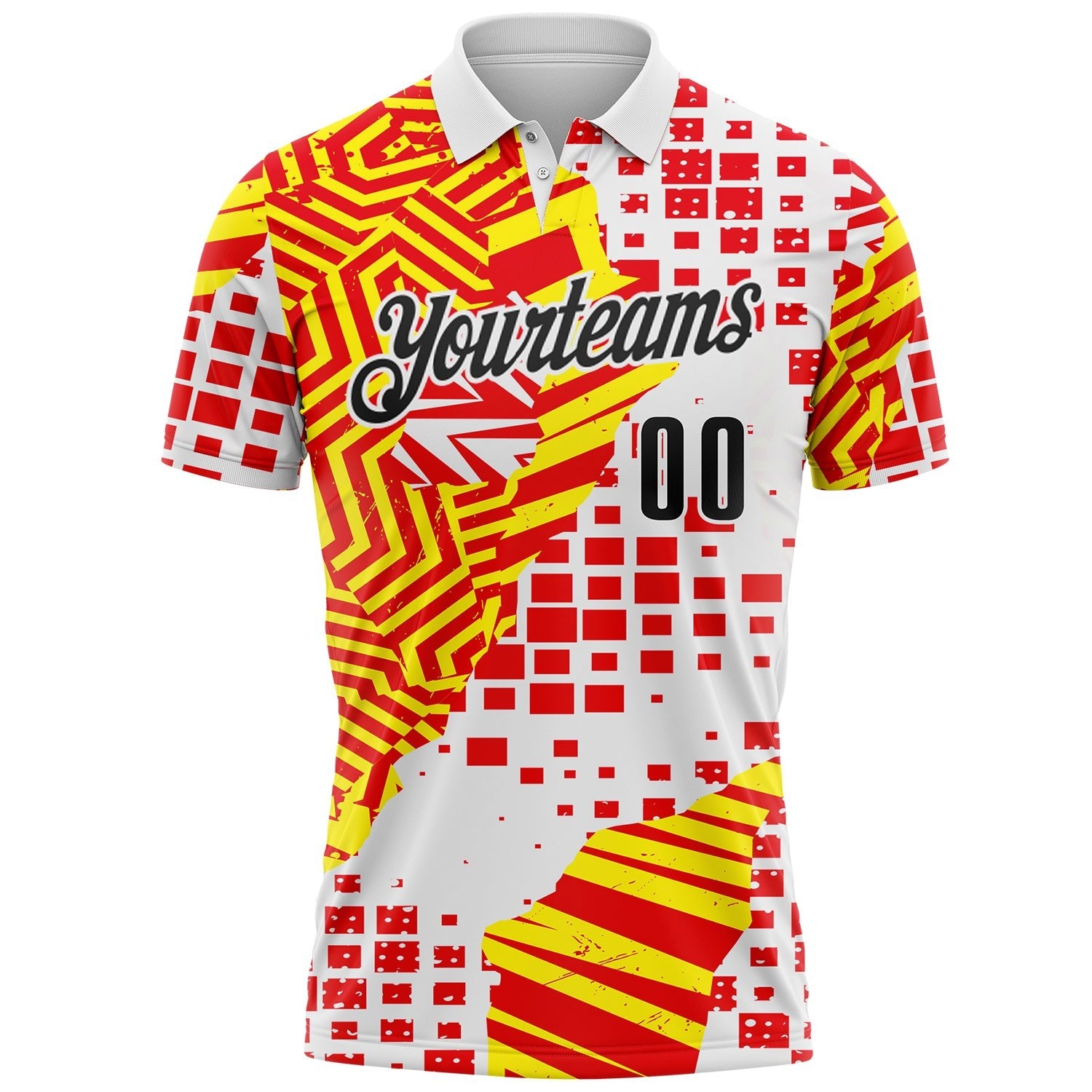 Custom White Black Red-Yellow Geometric Grid & Stripe Performance Polo Shirt photo 1