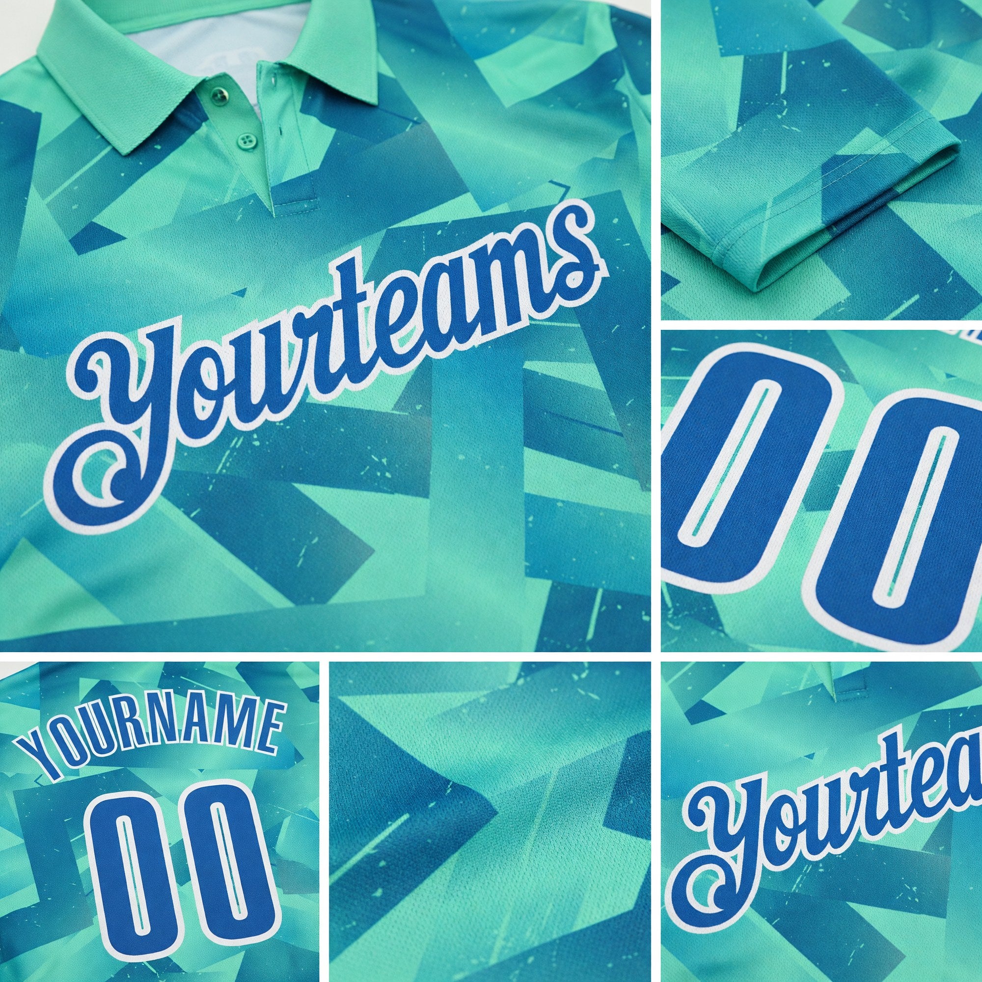 Custom Green Blue-White Abstract Geometric Performance Polo Shirt detail