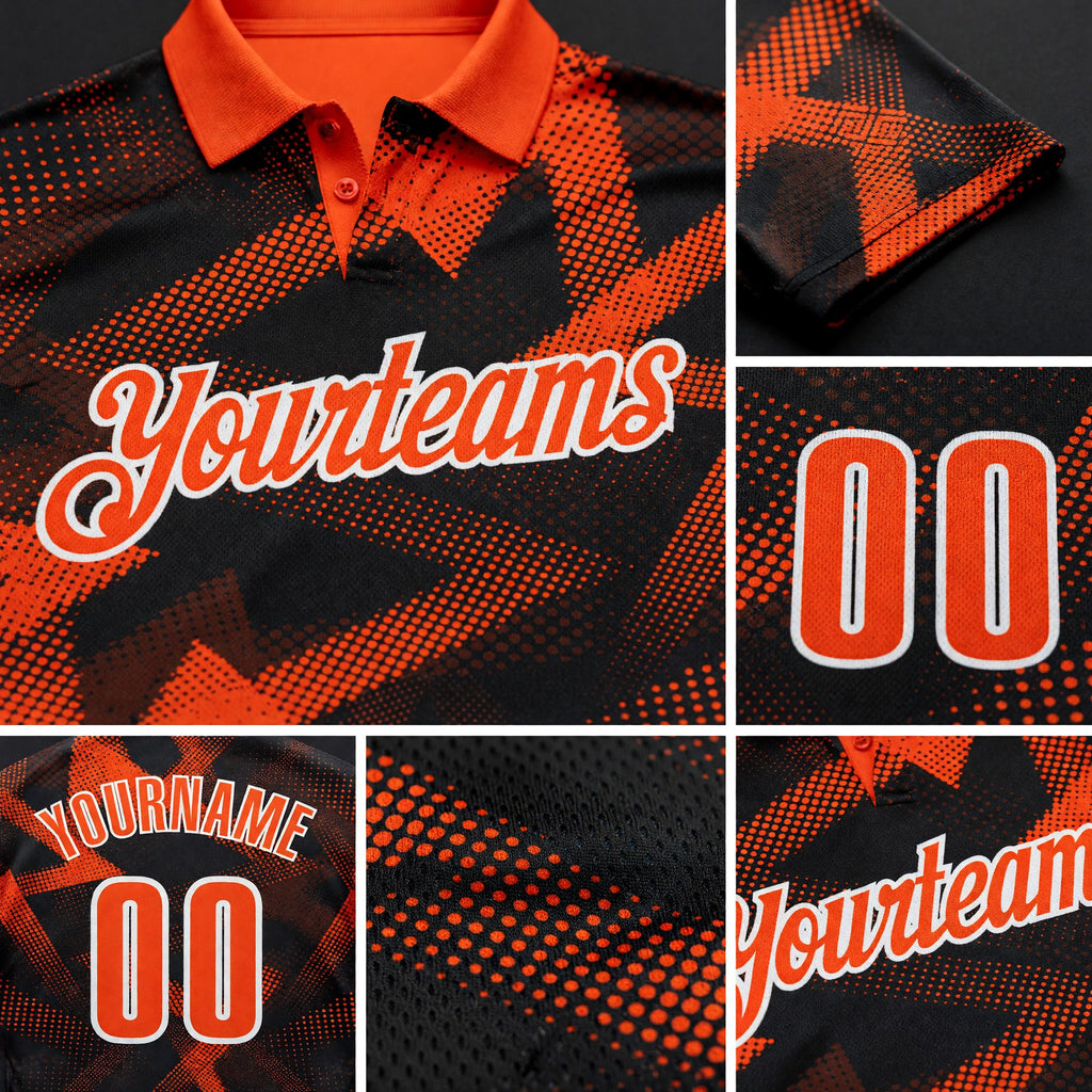 Custom Black Orange-White Abstract Geometric Performance Polo Shirt detail
