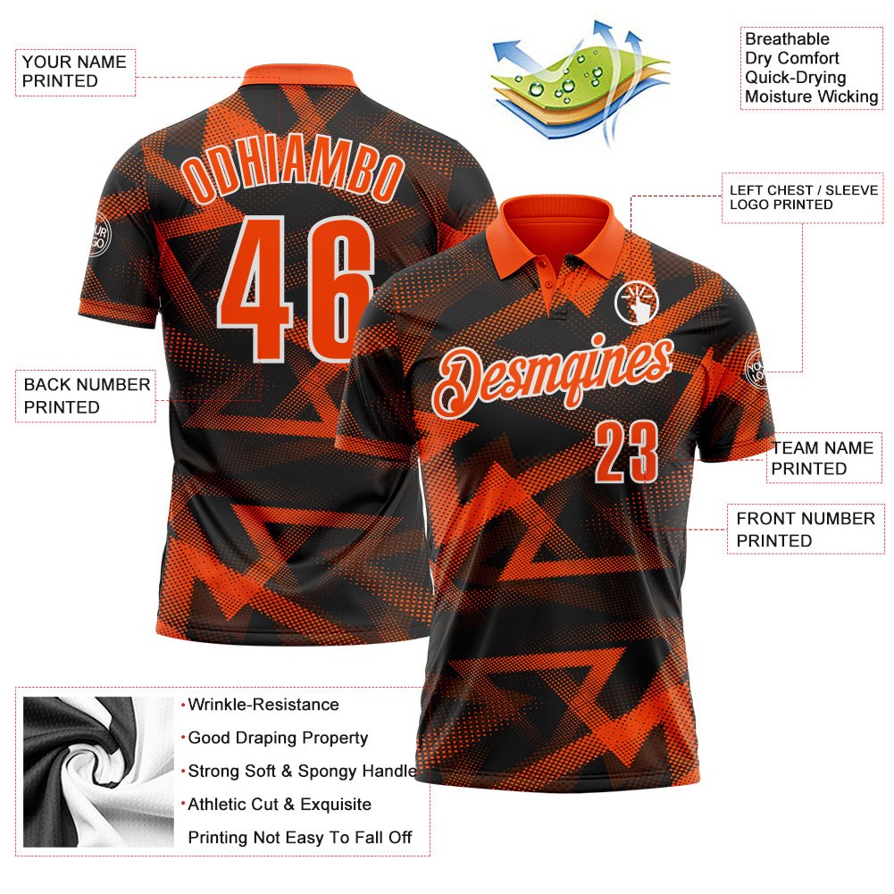 Custom Black Orange-White Abstract Geometric Performance Polo Shirt photo 3