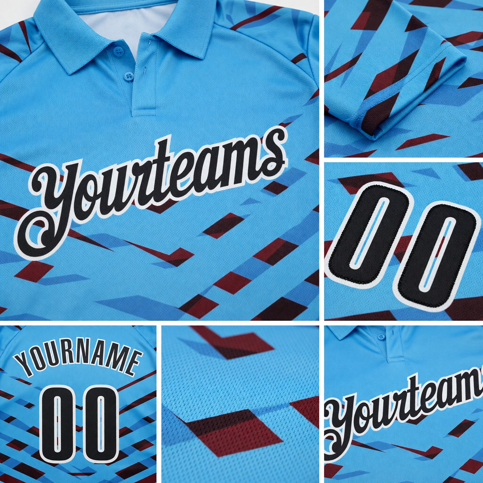 Custom Sky Blue Black-White Abstract Geometric Performance Polo Shirt detail