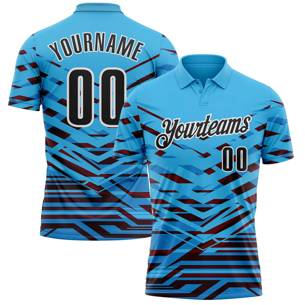 Custom Sky Blue Black-White Abstract Geometric Performance Polo Shirt photo 1