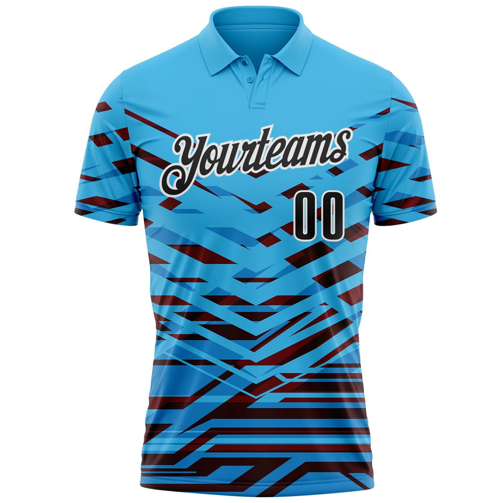 Custom Sky Blue Black-White Abstract Geometric Performance Polo Shirt photo 2