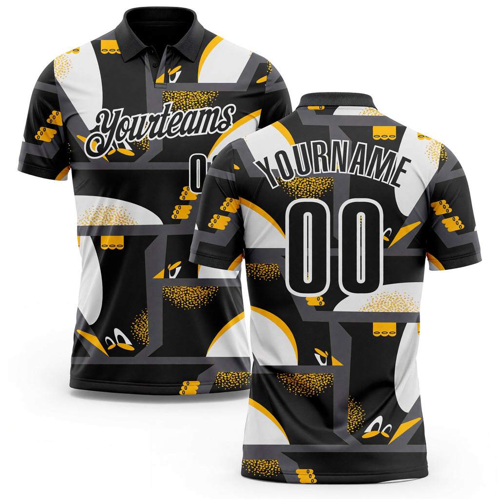 Custom Black Yellow-White Abstract Geometric Performance Polo Shirt