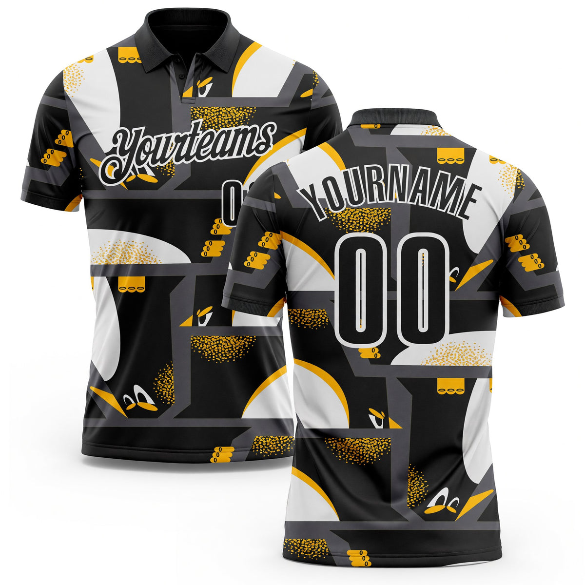 Custom Black Yellow-White Abstract Geometric Performance Polo Shirt