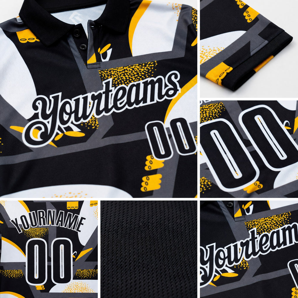 Custom Black Yellow-White Abstract Geometric Performance Polo Shirt detail