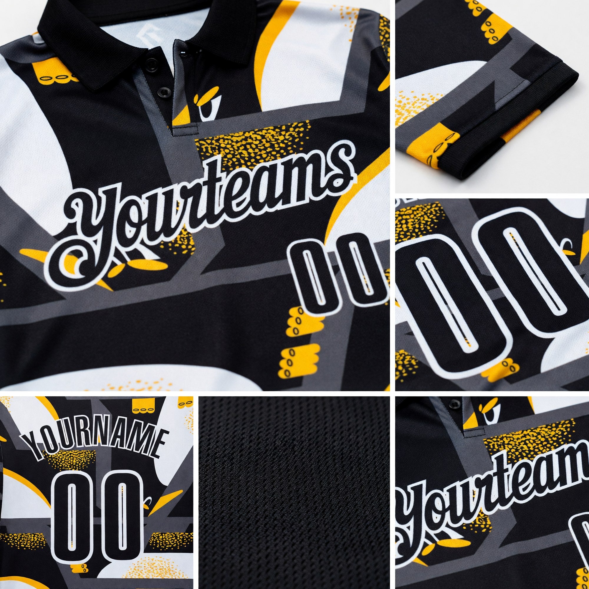 Custom Black Yellow-White Abstract Geometric Performance Polo Shirt detail