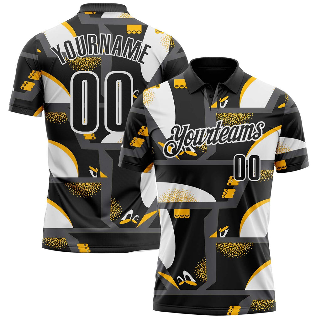 Custom Black Yellow-White Abstract Geometric Performance Polo Shirt photo 1