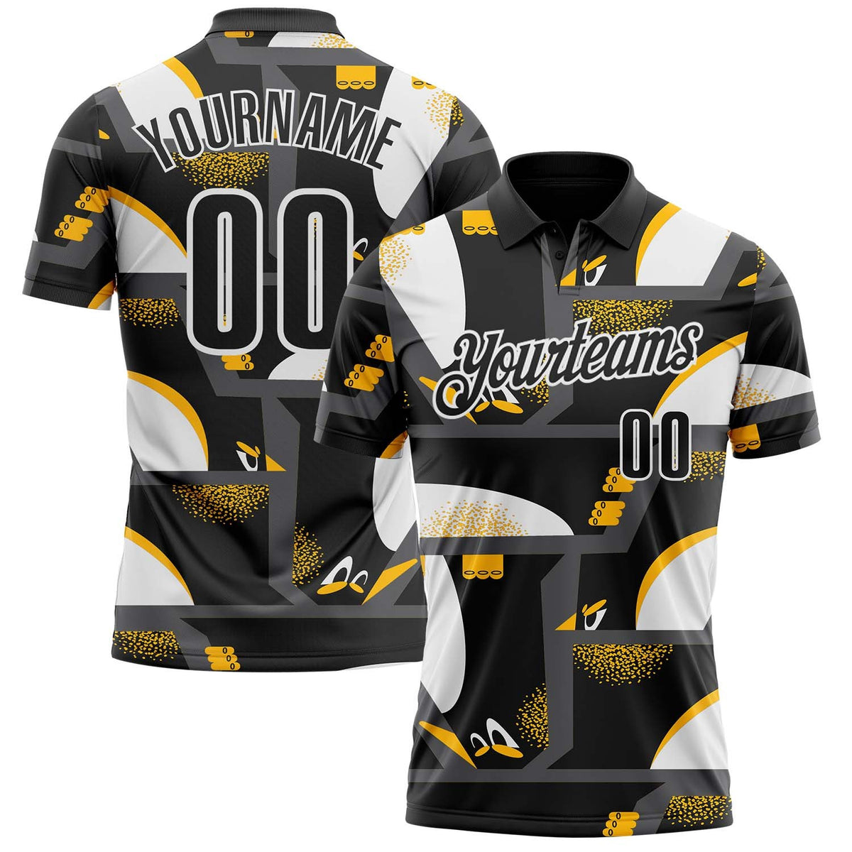 Custom Black Yellow-White Abstract Geometric Performance Polo Shirt photo 1