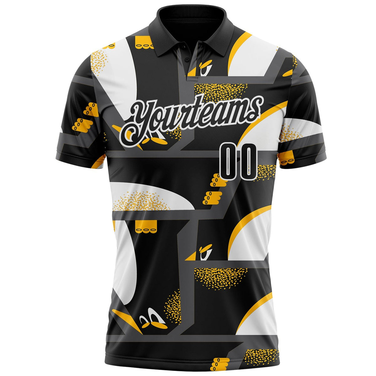 Custom Black Yellow-White Abstract Geometric Performance Polo Shirt photo 2