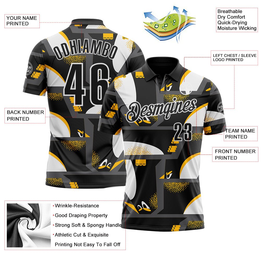 Custom Black Yellow-White Abstract Geometric Performance Polo Shirt photo 3