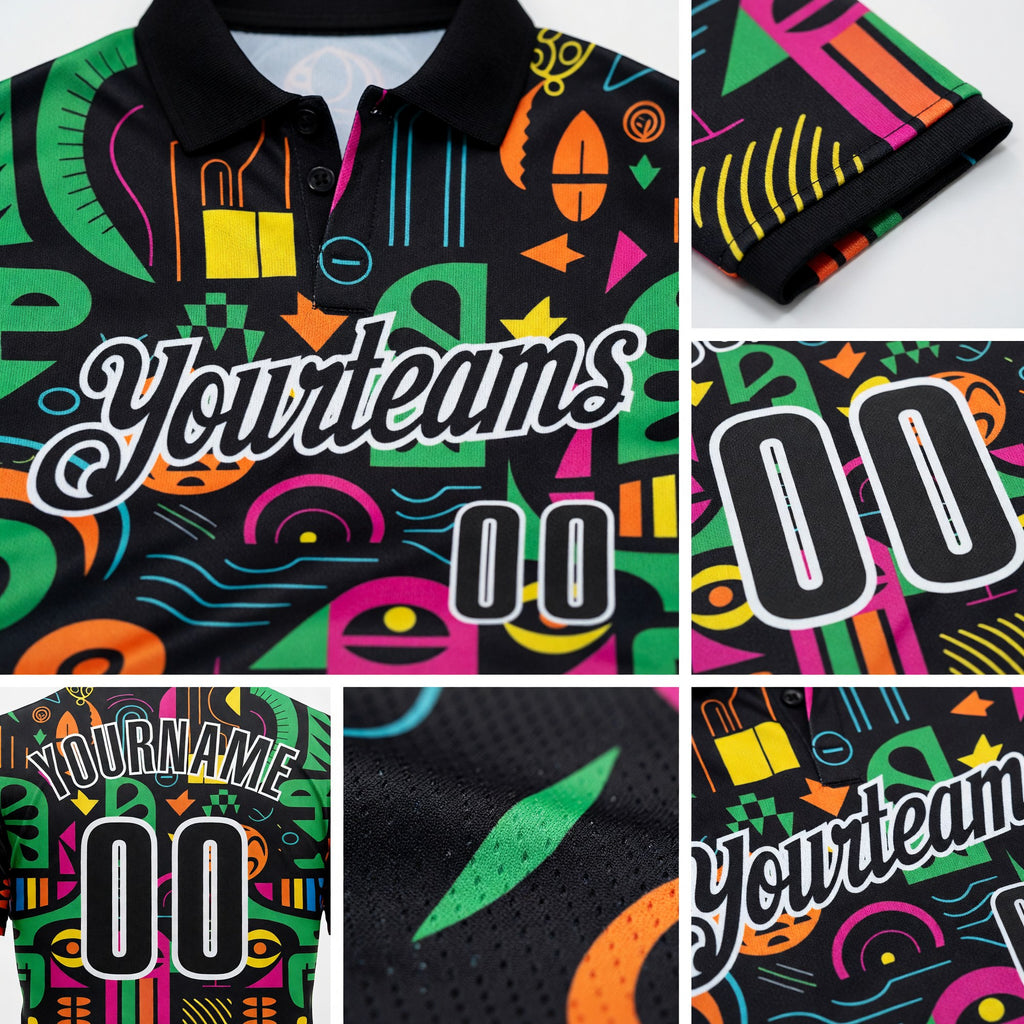 Custom Black-White Tribal Geometric Performance Polo Shirt detail