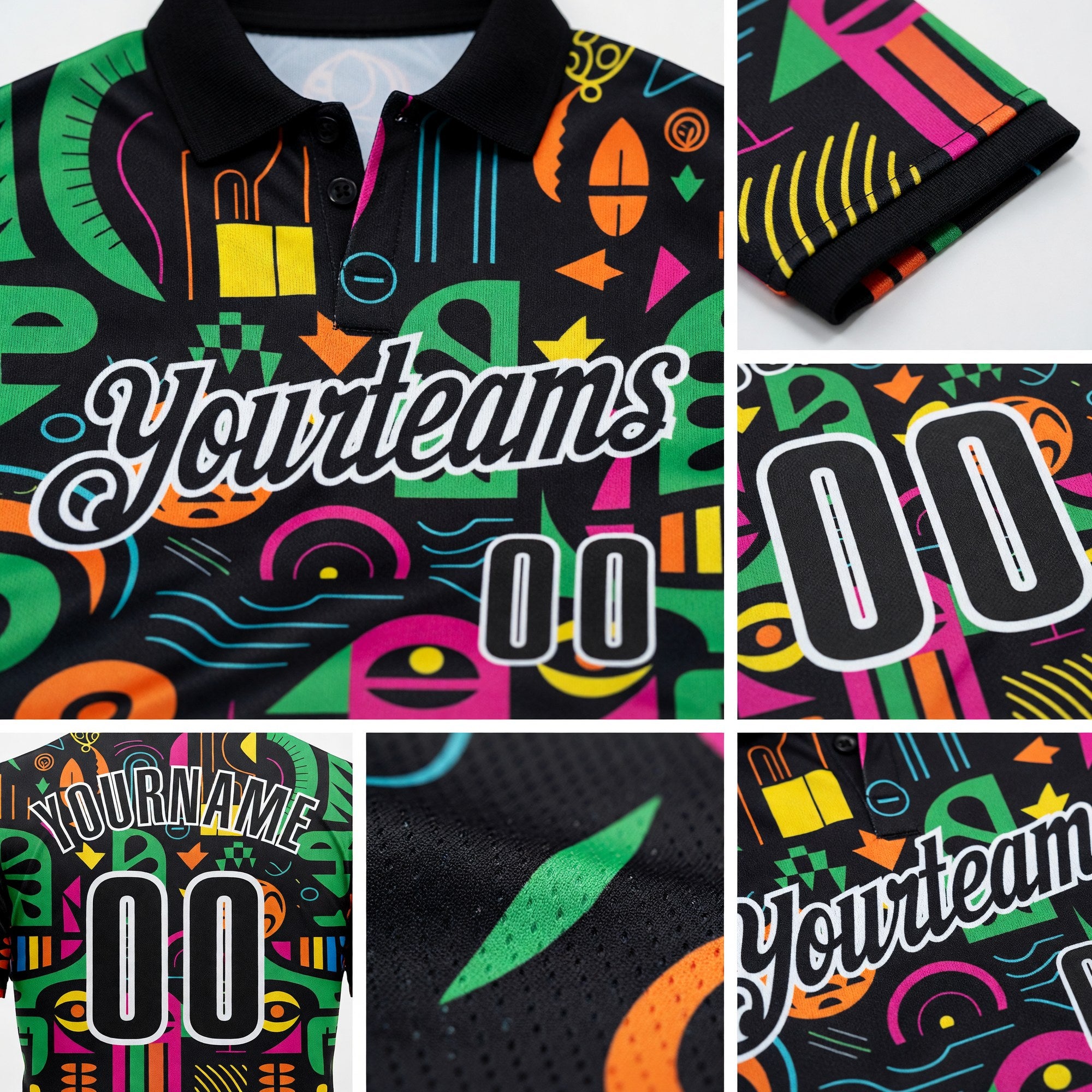 Custom Black-White Tribal Geometric Performance Polo Shirt detail