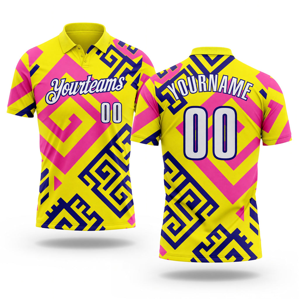 Custom Light Yellow White Pink-Dark Purple Tribal Geometric Performance Polo Shirt