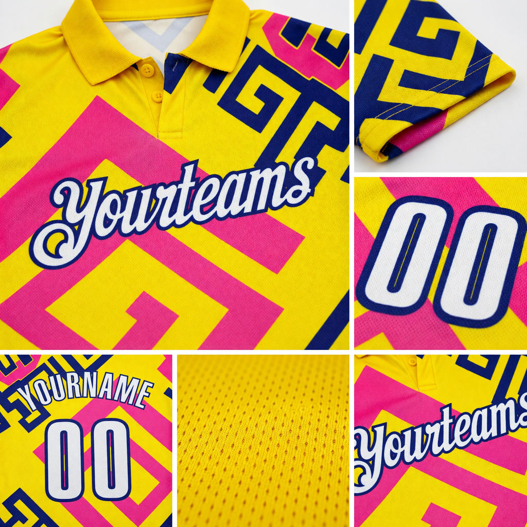 Custom Light Yellow White Pink-Dark Purple Tribal Geometric Performance Polo Shirt detail