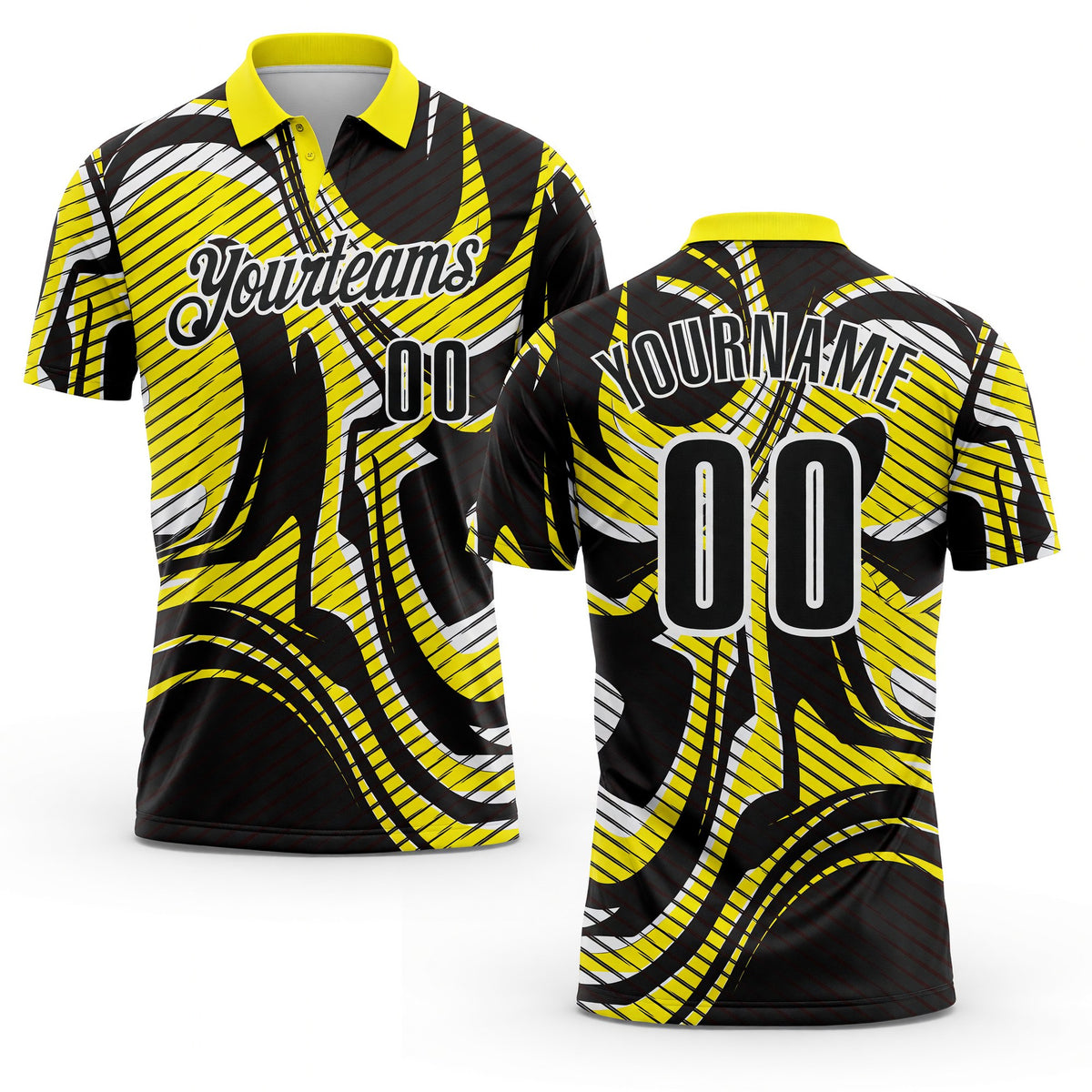 Custom Black Light Yellow-White Abstract Line Graffiti Performance Polo Shirt