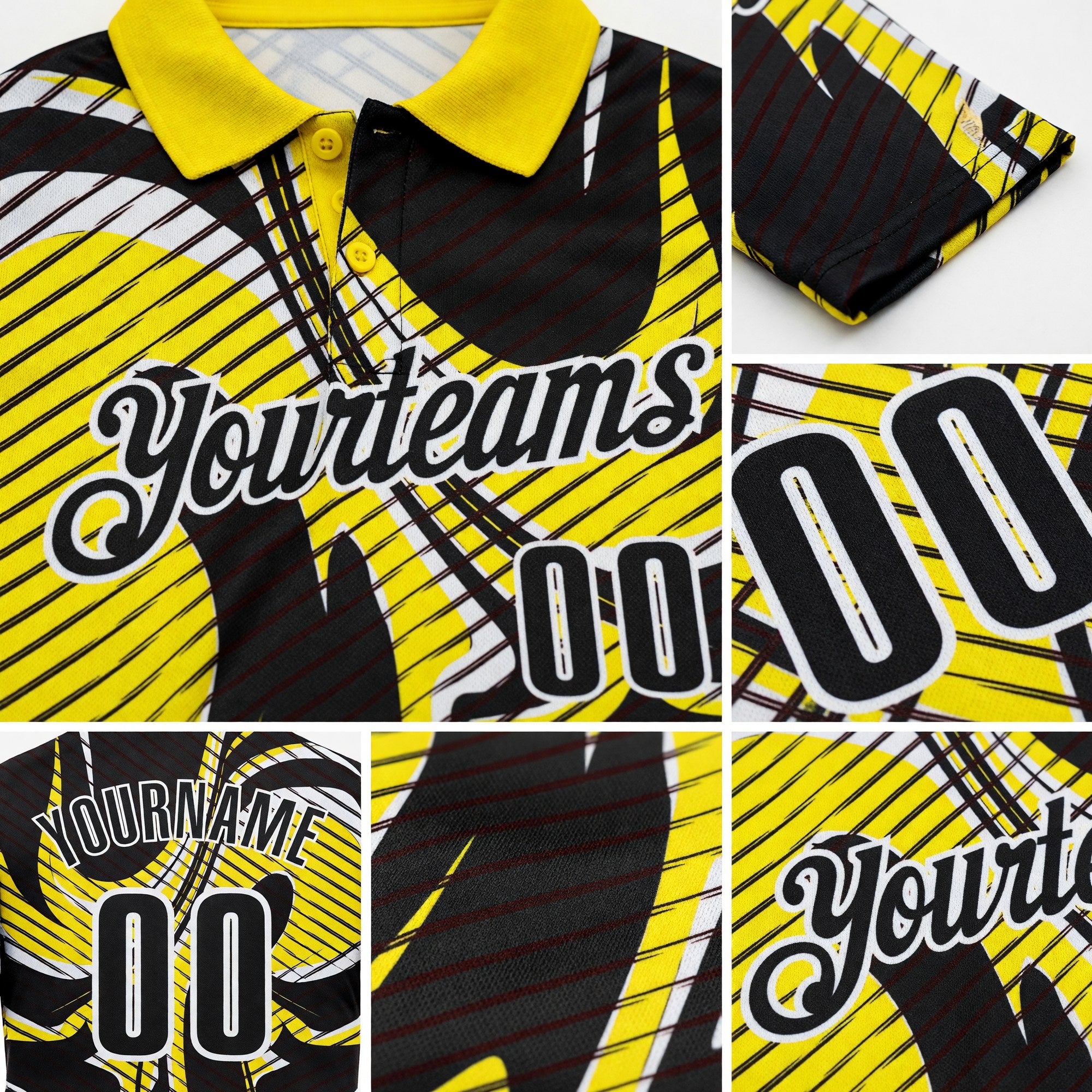 Custom Black Light Yellow-White Abstract Line Graffiti Performance Polo Shirt detail