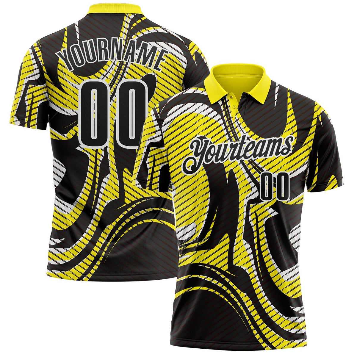 Custom Black Light Yellow-White Abstract Line Graffiti Performance Polo Shirt photo 1