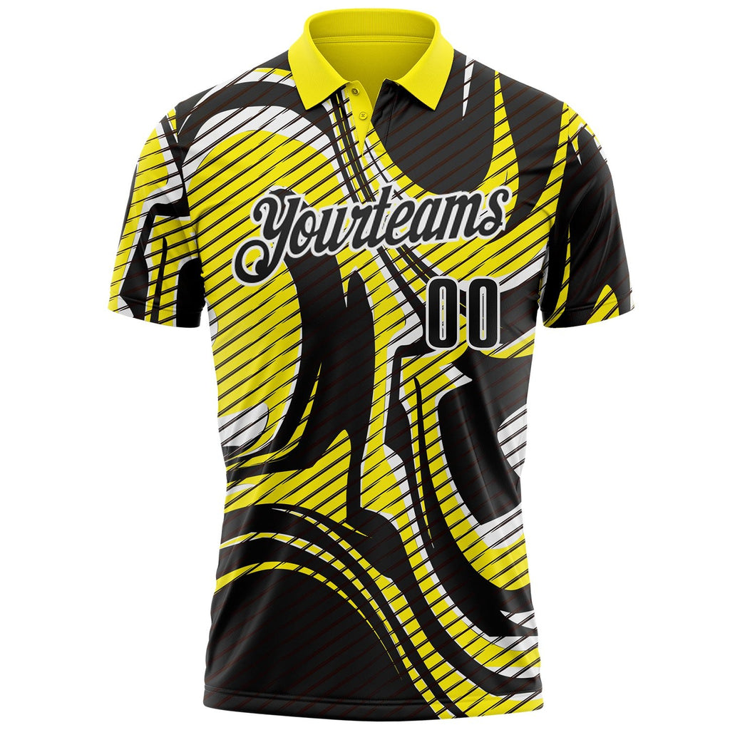 Custom Black Light Yellow-White Abstract Line Graffiti Performance Polo Shirt photo 2