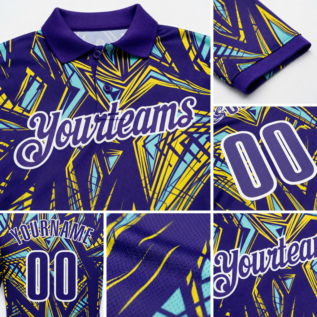 Custom Dark Purple Green Yellow-White Abstract Geometric Performance Polo Shirt detail
