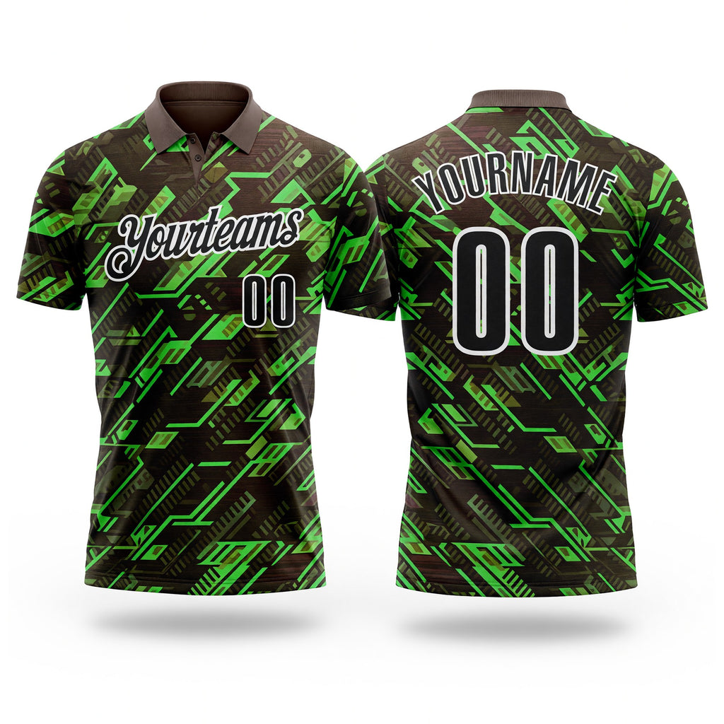 Custom Brown Black Green-White Tech Geometric Performance Polo Shirt