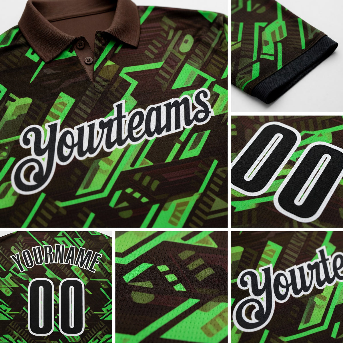 Custom Brown Black Green-White Tech Geometric Performance Polo Shirt detail