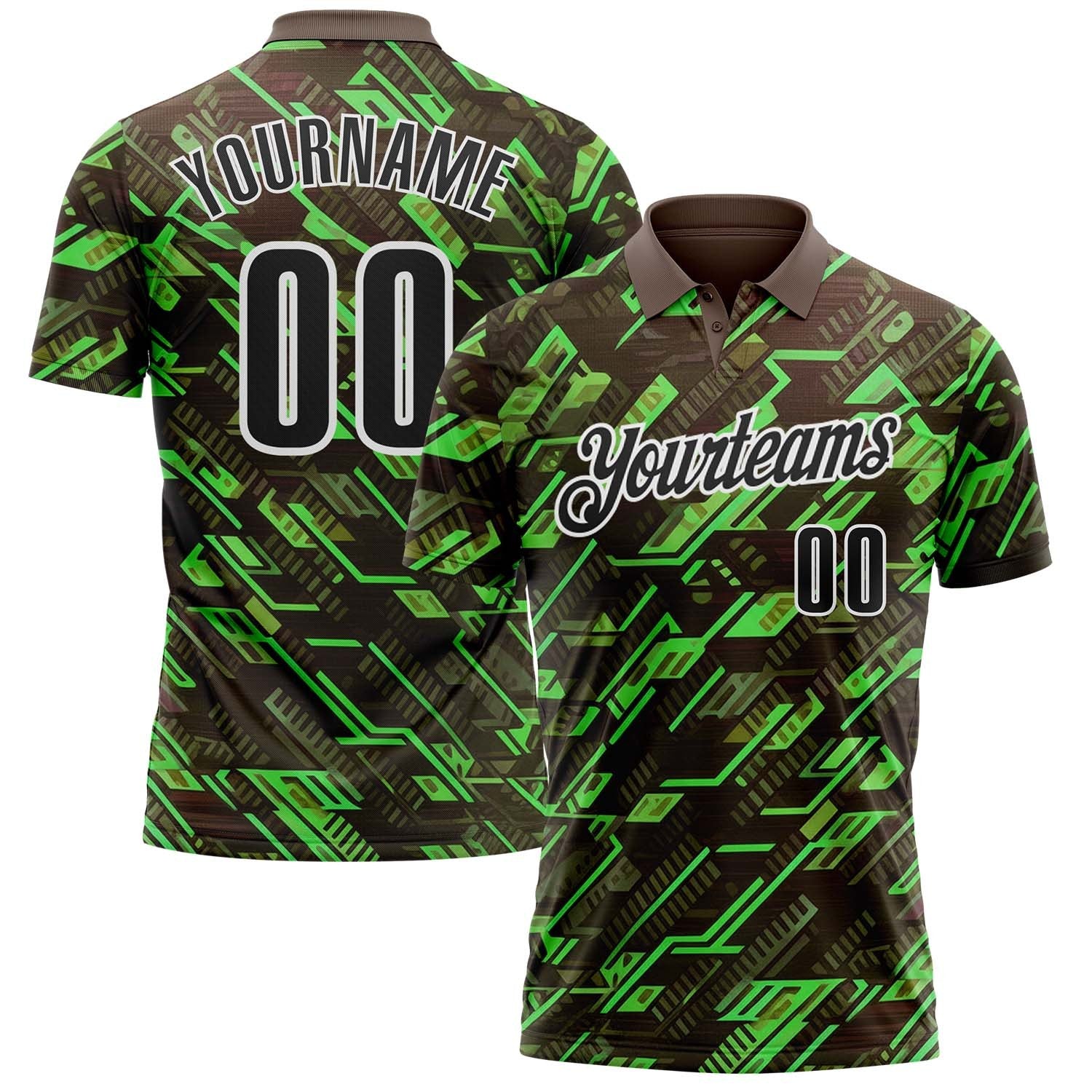 Custom Brown Black Green-White Tech Geometric Performance Polo Shirt photo 1