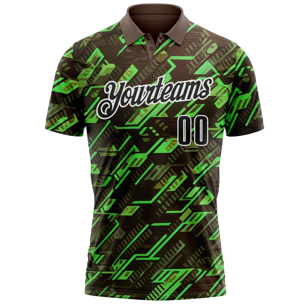 Custom Brown Black Green-White Tech Geometric Performance Polo Shirt photo 2
